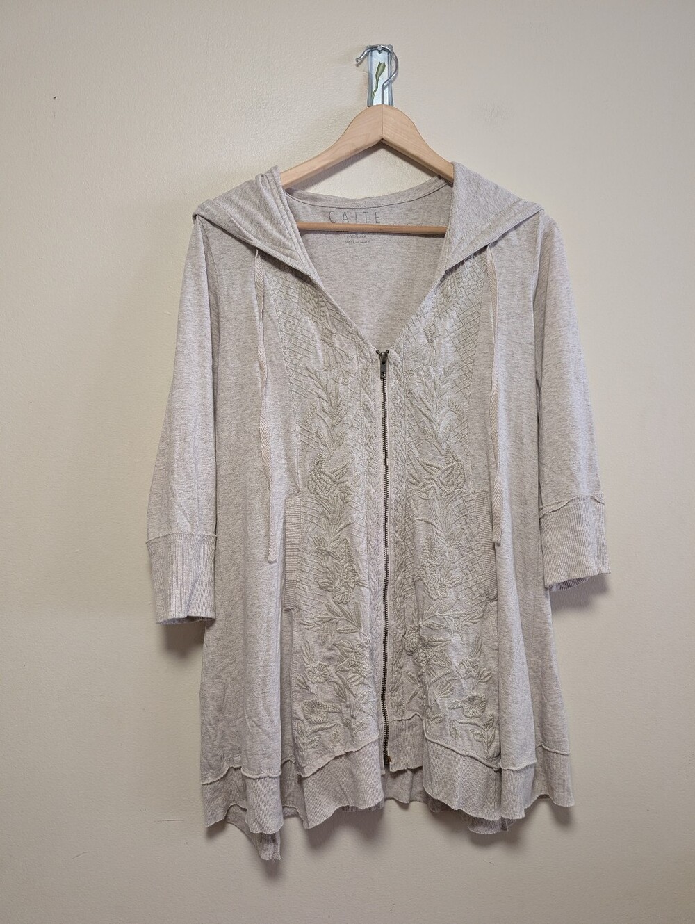 Caite Medium Embroidered Floral Longline Zip Hoodie Boho Artsy Cotton